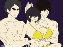 1girls 2boys alternate_breast_size big_breasts black_hair breasts female hair_covering_eye hair_covering_eyes hands_on_breasts hands_under_breasts history_lemmon huge_breasts human large_breasts little_nightmares little_nightmares_2 male meme mono_(little_nightmares_2) pale_skin parody runaway_kid_(little_nightmares) servants_holding_aphrodite's_breasts_(meme) short_hair six_(little_nightmares) swimwear