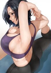 1girls 2021 armpit armpit_fetish armpit_focus armpits ass big_breasts black_hair black_yoga_pants blue_eyes breasts cleavage female large_breasts milf original original_character sakuranotomoruhie short_hair simple_background sports_bra stretching sweat sweatdrop sweaty_armpit sweaty_armpits sweaty_breasts two_tone_hair wet_armpit wife yoga yoga_mat yoga_pants