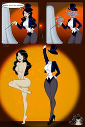 artjimx black_hair blue_eyes bowtie comic corset dc embarrassed embarrassed_nude_female enf female high_heels leotard lipstick living_clothes magic magic_wand magician magician_hat nude painted_nails public_nudity solo stage stockings straight_hair stripped_by_magic stripped_naked suit tuxedo wardrobe_malfunction zatanna zatanna_zatara