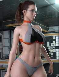 1girls 3d blue_eyes brown_hair death_stranding earrings female female_only glasses light-skinned_female mama_(death_stranding) navel nipples_visible_through_clothing ponytail rude_frog solo tied_hair underwear