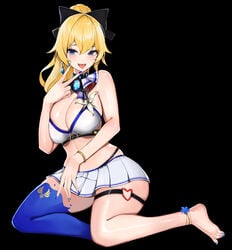 1girls barefoot big_breasts bikini_top blonde_hair blue_eyes feet female female_only genshin_impact hair_ribbon jean_gunnhildr large_breasts miniskirt mutsu_ane_daisuki nail_polish skirt solo solo_female thick thick_thighs tongue tongue_out voluptuous