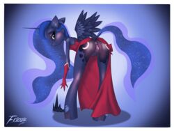 4:3 alicorn anthro anus ass ass_up blush clothing cutie_mark dress dress_up equid equine female friendship_is_magic fringie genitals hasbro hi_res horn horse humanoid mammal my_little_pony pony princess_luna_(mlp) pulled_to_side pussy raised_tail red_clothing red_dress solo thigh_gap wing_boner wings