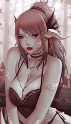 1girls au_ra blue_eyes blurry_background blush breasts choker cleavage earrings eyeshadow female female_only final_fantasy final_fantasy_xiv gothic hair_ornament hanging_breasts jewelry large_areolae large_breasts lips long_hair makeup outdoors pink_hair plexi ponytail raen red_lipstick sidelocks soranamae swept_bangs underwear veiny_breasts