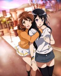 2girls :d :o bare_legs black_hair black_legwear black_socks blue_eyes blurry_background blush bracelet brown_eyes brown_hair casual charm charm_(object) cloud cloudy_sky couple denim denim_skirt dutch_angle embracing female footwear friends grey_skirt hair_between_eyes hibike!_euphonium hoodie house hug hugged_from_behind jewelry kousaka_reina legs long_hair long_sleeves looking_at_viewer medium_hair messy_hair miniskirt multiple_girls one_leg_raised open-mouth_smile open_mouth orange_hoodie orange_shirt oumae_kumiko outdoors parka pleated_skirt purple_eyes road road_sign sbel02 shirt short_hair short_sleeves shy sidelocks sign skirt sky smile socks standing street sunset t-shirt thighhighs thighs white_shirt white_skirt wristband yellow_eyes yuri zettai_ryouiki