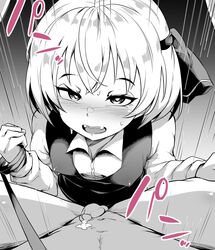 1boy 1futa anal anal_sex black_and_white blush blushing close-up clothed clothing collared_shirt cum cum_on_self cum_while_penetrated cumdrip decensored dickgirl dickgirl/male domination duo erection eye_contact eyebrows_visible_through_hair futa_focus futa_on_male futadom futanari hair_ornament human leash leash_pull looking_at_viewer makin_tama male male_penetrated male_pov malesub midriff monochrome mostly_clothed navel nude penis pov pov_eye_contact rumia sex short_hair small_penis solo_focus sweat sweating taker_pov team_shanghai_alice thrusting touhou vest