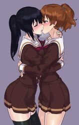 2girls bare_legs black_hair black_legwear blush breast_press breasts brown_eyes brown_hair brown_serafuku brown_skirt closed_eyes couple embracing female french_kiss half-closed_eyes hibike!_euphonium hug kissing kousaka_reina legs long_hair long_sleeves looking_at_another miniskirt mizuumi_(bb) multiple_girls neck neckerchief oumae_kumiko pleated_skirt ponytail red_neckerchief red_neckwear red_sailor_collar sailor_collar saliva school_uniform serafuku short_hair simple_background skirt standing thighhighs thighs tied_hair uniform yuri zettai_ryouiki