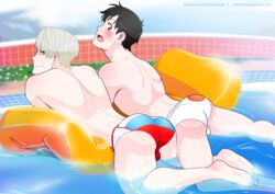 2boys black_hair black_hair_bottom blonde_hair blue_eyes blush blushing briefs brown_eyes bulge canon_couple charlie_tooga couple dark_hair domination gay katsuki_yuuri light_hair_on_dark_hair looking_back male male_only open_mouth smile swimming_pool swimming_trunks tagme tight_clothing tongue viktor_nikiforov water white_hair white_hair_on_black_hair white_hair_top yaoi yuri!!!_on_ice