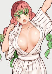 bathrobe big_breasts bouncing_breasts braided_hair cocq_taichou demon_slayer female female_only green_eyes kanroji_mitsuri kimetsu_no_yaiba kimono long_hair looking_at_viewer open_mouth pink_hair robe solo tears two_tone_hair waving