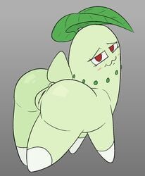 anus ass blush chikorita elemental_creature female feral flora_fauna genitals glistening glistening_butt green_body grey_background happy_harvey hi_res looking_at_viewer looking_back nintendo phone_drawing plant pokémon_(species) pokemon pussy raised_tail red_eyes simple_background solo video_games