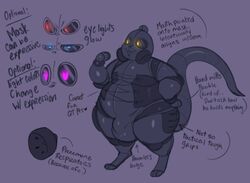 2019 anthro black_body blue_eyes bodysuit bulge clothing digital_drawing_(artwork) digital_media_(artwork) english_text gas_mask glistening hazmat hazmat_suit male mammal mask meganemausu model_sheet murid murine overweight overweight_anthro overweight_male purple_eyes rat red_eyes rodent rubber simple_background skinsuit solo squeakit standing text thick_thighs tight_clothing yellow_eyes