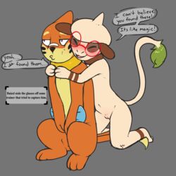 1:1 blush buizel duo english_text eyewear female feral flat_chested genitals glasses hi_res hug hugging_from_behind kai_(mr._smile) male male/female mimi_(mr._smile) mr._smile nintendo pokémon_(species) pokemon pussy smeargle stolen_clothes stolen_glasses stolen_item text video_games