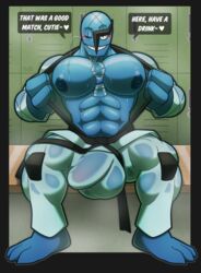 2021 abs absurd_res ahnik anthro bara beverage big_pecs blue_body blush bodily_fluids bulge clothing conditional_dnp detailed_background dialogue english_text genital_outline grin heart hi_res humanoid locker_room male male_only muscular muscular_humanoid muscular_male nintendo nipples one_eye_closed pecs penis_outline pokémon_(species) pokemon sawk smile solo sweat text undressing video_games water water_bottle wet wet_clothing wink