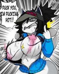 1girls angry annoyed ass big_ass big_breasts breasts breasts_out broken_zipper cap curvy female female_focus female_only flashing fur furry jyto middle_finger showing_off solo tagme temmie temmie_(deltarune) temmie_(undertale) undertale white_fur