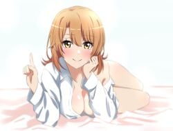 bangs bare_legs blush breasts brown_hair cleavage closed_mouth collarbone collared_shirt dress_shirt eyebrows_visible_through_hair female hair_between_eyes index_finger_raised isshiki_iroha lieass long_hair long_sleeves looking_at_viewer lying medium_breasts my_teen_romantic_comedy_snafu naked_shirt off_shoulder on_stomach open_clothes open_shirt shiny shiny_hair shiny_skin shirt simple_background smile solo straight_hair white_background white_shirt wing_collar yellow_eyes