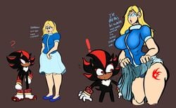 ! 1boy 1girls 2021 5_fingers ? anthro big_ass big_breasts big_butt blonde_hair blue_eyes blue_panties bubble_butt english_text female female_human flashing funny human human_on_anthro humanoid humor larger_female lemonadepikachu lifting_skirt male male/female male_anthro male_anthro/female_human maria_robotnik mobian_(species) mobian_hedgehog panties shadow_the_hedgehog size_difference skirt_lift smaller_male sonic_(series) sonic_the_hedgehog_(series) sweat sweatdrop sweating tagme tattoo text thick_thighs