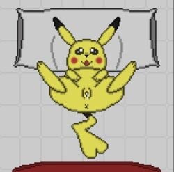 after_masturbation anus bed bodily_fluids digital_media_(artwork) excited female feral fur furniture genital_fluids genitals nintendo pikachu pillow pixel_art pokémon_(species) pokemon presenting presenting_anus pussy pussy_juice solo toridiaz video_games yellow_body yellow_fur