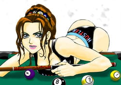 ass ass_up bra brown_hair colored gamble_fish gray_eyes looking_at_viewer pink_lips pink_lipstick pinup pool_table rio_asahina third-party_edit underwear