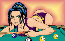 ass ass_up blue_hair bra colored gamble_fish green_eyes looking_at_viewer pinup pool_table rio_asahina third-party_edit underwear