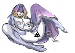 1girls 2_toes animal_humanoid ass breasts censored countershading feet female female_zora fin fish fish_humanoid genitals gills green_eyes humanoid inverted_nipples jewelry kitsune_ashi_kitsune_tebukuro lips looking_at_viewer marine marine_humanoid nintendo nipples presenting pseudo_clothing pseudo_hair purple_body purple_skin pussy queen queen_rutela raised_leg red_lips royalty simple_background solo solo_focus spread_legs spreading the_legend_of_zelda toes twilight_princess video_games white_background zora