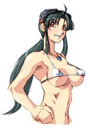 1girls amber_eyes areola_slip arikawa armpit_peek bikini breasts cleavage erect_nipples_under_clothes female female_only goggles grey_hair grin hand_on_hip large_breasts long_hair looking_at_viewer micro_bikini navel necklace psikyo sengoku_ace smile solo togashi_koyori white_bikini