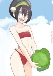 1girls avatar_the_last_airbender bare_shoulders beach bikini bikini_bottom black_hair blind blush cabbage clouds cowboy_shot cute earth_kingdom female female_focus female_only flat_chest green_eyes hair_accessory hair_between_eyes hair_bun holding_object midriff navel nickelodeon open_mouth outside petite red_bikini red_swimsuit short_black_hair signature skinny sky small_breasts smile solo solo_female solo_focus sooperman standing straight_hair swimsuit tomboy toph_bei_fong true_flat_chest tubetop young