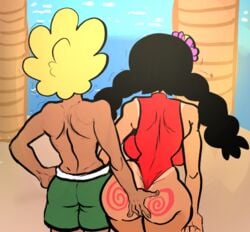 1boy 1girls 2021 5_fingers andrew_(lemonadepikachu) beach big_ass big_breasts black_hair blonde_hair female lemonadepikachu male nice-chan nicechan one_piece_swimsuit original_character squeezing squeezing_ass squeezing_butt swimming_trunks swimsuit tagme tan_skin tanned tanned_skin