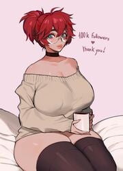 blue_eyes choker coffee ennuigrl glasses huge_breasts maxine_(balak) mug red_hair shoulders sweater thighhighs