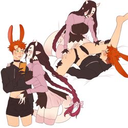 1boy 1girls ahe_gao amazon_position blush brown_hair bunny_ears choker clothing cum cum_in_pussy cum_inside demon demon_girl demon_horns eye_contact female femdom green_eyes gyarusatan hair_ribbon hi_res holding_phone horns humanoid lagomorph_humanoid legs_held_open licking_lips long_hair male narrowed_eyes orange_hair penetration penis phone pink_highlights pink_thighhighs pussy red_eyes short_hair skirt tail thighhighs twin_braids vaginal_penetration white_background