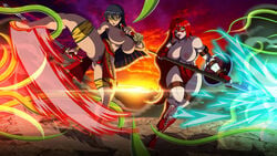 2girls amber_eyes black_hair boots brown_eyes desingahv huge_breasts kicking large_breasts latina long_hair looking_at_viewer original original_characters red_hair spear sword tentacle thick_thighs topless voluptuous warrior