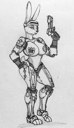 anthro big_breasts black_and_white breasts curvy_figure cybernetic_arm cybernetic_leg cybernetic_limb cybernetics cyborg disney ears_up female gun hand_on_hip handgun hi_res hourglass_figure judy_hopps lagomorph large_breasts leporid machine mammal maneak1151 monochrome pasties pistol police_badge pose rabbit ranged_weapon robocop rough_sketch sketch solo tail_tuft tuft weapon zootopia