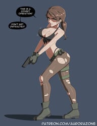 1girls 2020 aurora-zone bare_midriff bare_shoulders big_breasts bouncing_breasts breasts cleavage english_text female female_focus female_only female_solo gloves gun konami metal_gear ponytail quiet_(metal_gear) revealing_clothes skimpy_clothes solo solo_female speech_bubble tagme talking_to_viewer text torn_stockings