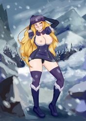 1girls alternate_version_available areolae blonde_hair blue_eyes blush breasts breasts_out female female_only gloves hands_on_head hat kolin large_breasts long_hair myavusha nipples outside panties russian_hat smile snow snowing solo street_fighter street_fighter_v thighhighs upskirt