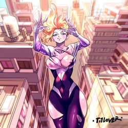 asymmetrical_hair big_breasts blonde_hair breasts gwen_stacy marvel nipples spider-gwen spider-man_(series) superheroine titlover torn_bodysuit wardrobe_malfunction