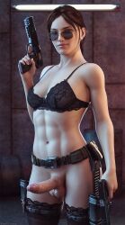 1futa 3d 3d_(artwork) abs athletic_futanari balls belt bra brown_hair casual erection eyewear firearm futa_only futanari glasses gun handgun holster human lara_croft lara_croft_(classic) lingerie looking_at_viewer muscles muscular muscular_futanari navel penis short_hair skykliker smiling_at_viewer stockings sunglasses tactical_nudity testicles tinted_eyewear tomb_raider veiny_penis