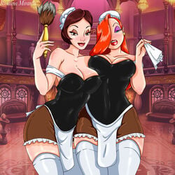 2021 2girls artist_name babette beauty_and_the_beast_(1991_film) big_breasts brown_eyes brown_hair cleavage crossover disney earrings eyeshadow feather_duster fifi french_maid green_eyes hair_over_one_eye hankerchief holding_feather_duster holding_handkerchief hourglass_figure jessica_rabbit lipstick long_hair long_red_hair looking_at_viewer maid maid_uniform mshowllet multiple_girls red_hair short_brown_hair short_hair thick_thighs who_framed_roger_rabbit