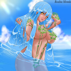 amber_eyes big_ass big_breasts big_butt blue_hair flower_bikini goddess looking_at_viewer mshowllet ocean original original_character sling_bikini standing_in_water voluptuous water water_hair wide_hips