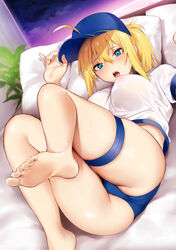 1girls ahoge artoria_pendragon barefoot baseball_cap big_breasts blonde_hair blue_eyes blue_headwear blush breasts covered_erect_nipples fate/grand_order fate_(series) feet female female_only foot_up hair_between_eyes hair_through_headwear hat highres iriehana large_breasts long_hair looking_at_viewer lying mysterious_heroine_xx_(foreigner) navel on_back partially_visible_vulva ponytail shirt soles solo solo_female thigh_strap thighs toes white_shirt