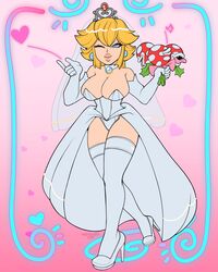 1girls bent_over big_breasts blonde_hair blowing_kiss blue_eyes breasts bridal_gown bridal_tiara bridal_veil bride child_bearing_hips cleavage crown dsl earrings heart heels huge_breasts leaning_forward lipstick looking_at_viewer mario_(series) nintendo nnhb69 one_eye_closed panties pink_lipstick piranha_plant piranha_plant_bouquet ponytail princess_peach solo stockings super_mario_odyssey thick_thighs voluptuous walking wedding_dress wedding_peach_(super_mario_odyssey) white_panties wink