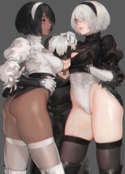 1boy 2girls accessory android aoin ass between_breasts black_hair black_hair_ornament black_hairband blindfold blue_eyes breast_grab breasts bubble_butt choker cleavage dark-skinned_female dark_skin female girl_sandwich hair_accessory hairband height_difference hi_res highres leotard looking_at_another male mole_under_mouth multiple_girls nier:_automata nier_(series) red_eyes short_hair thick_thighs thighhighs thighs white_hair white_hair_ornament white_hairband yorha_2b yorha_2p yorha_9s