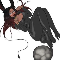 1futa balls big_balls big_breasts big_penis bodysuit breasts bunny_ears bunny_girl clothed clothing cock-tail condom_suit cum cum_in_bodysuit cum_in_clothes dark-skinned_futanari dark_skin fully_clothed futa_only futanari glasses hands-free high_heels high_resolution humanoid humanoid_penis legs_up lipstick nightpickle on_back penis red_hair solo thick_thighs