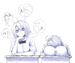 2b213 ahoge big_breasts button_down_shirt desk huge_breasts mei_(2b213) school_uniform schoolgirl sleeping sleeping_on_breasts