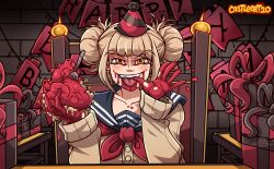 birthday birthday_cake birthday_gift birthday_hat birthday_party blood bloody_hands blush blushing_at_viewer cake castleart chair crazy_eyes evil_smile fangs female fork happy_birthday himiko_toga licking_fingers my_hero_academia pale-skinned_female pale_skin schoolgirl_uniform smiling smiling_at_viewer tongue tongue_out yandere yellow_eyes