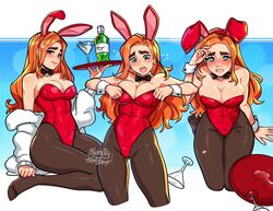 1girls alcohol blush blushypixy blushyspicy bottle brown_eyebrows bunny_ears bunny_girl bunnysuit character_sheet cocktail_glass crying crying_with_eyes_open detached_collar earrings female female_only fur_coat green_eyes hi_res kneeling leotard lifting_clothing long_hair looking_at_viewer narrowed_eyes orange_hair original_character pantyhose solo solo_female teardrop tears thick_eyebrows tray wrist_cuffs