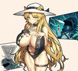 arknights big_breasts blonde_hair blush cat_ears cat_tail catgirl choker doctor_(arknights) embarrassed green_eyes huge_breasts long_hair looking_at_viewer melon22 muscular_female necklace one-piece_swimsuit pale-skinned_female pale_skin solo_focus sun_hat sweatdrop swimsuit swire_(arknights) swire_the_elegant_wit_(arknights) thick_thighs thigh_strap tiger_ears tiger_tail