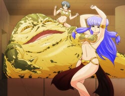 1boy 2girls akane_tendo alien armpits belly_dancer belly_dancer_outfit black_hair blue_hair chain_leash chained cleavage clothing crossover dancer dancer_outfit dancing eastern_and_western_character harem harem_girl harem_outfit hutt jabba_the_hutt large_breasts loincloth long_hair ranma_1/2 red_eyes shampoo_(ranma_1/2) short_hair slave slave_bikini slave_collar slave_leia_(cosplay) slave_outfit slavegirl star_wars voluptuous wadevezecha