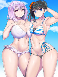 2girls adult_swim alternate_breast_size beach big_breasts bikini breast_press cleavage large_breasts looking_at_viewer multiple_girls nananana nipples_visible_through_clothing shinjou_akane ssss.gridman tagme takarada_rikka thighs toonami