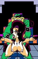 anthro battletoads brown_hair dark_queen finger_in_mouth from_behind hairy_pussy huge_breasts rash_(battletoads)