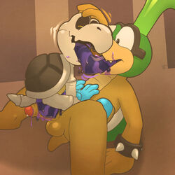 1:1 2boys absurd_res anthro argon_vile balls bodily_fluids closed_eyes digital_media_(artwork) dry_bones duo eyewear gay genital_fluids genitals glasses hair hand_on_chest hand_on_head hi_res iggy_koopa kissing koopa koopaling long_tongue lying male male/male male_only mario_(series) nintendo nude on_back open_mouth penis petting precum scalie shell simple_background sitting_on_penis spikes tongue tongue_out unusual_bodily_fluids unusual_genital_fluids video_games