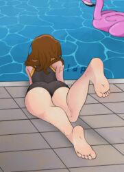 ass ass_focus ass_up back back_turned back_view background bare_legs bare_thighs barefoot black_swimsuit brown_hair feet feet_together feet_up female female_only flamingo foot_fetish foot_focus foot_play hair inflatable long_hair oc pale-skinned_female pale_skin plapstrikesback pool pov pov_ass pov_feet relaxed relaxing rena_reyrd sole_female soles swimming_pool swimsuit swimwear water yellow_swimsuit