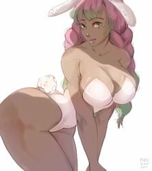 1girls ass bunny_ears bunnysuit demon_slayer female female_only green_eyes green_hair huge_breasts kanroji_mitsuri kimetsu_no_yaiba looking_at_viewer mazzlesdraws multicolored_hair pink_hair pout solo voluptuous